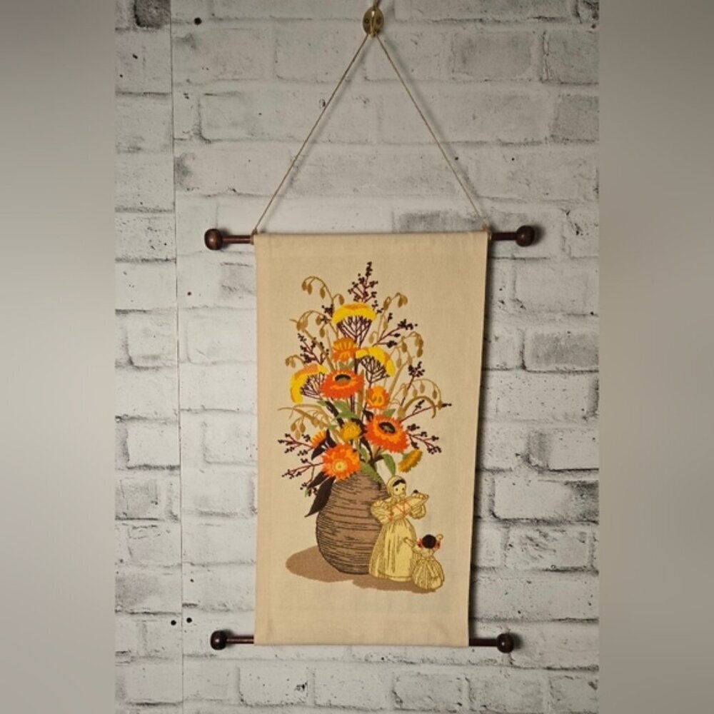 Vintage Embroidered Floral Wall Hanging – Warm Autumn Bouquet Tapestry